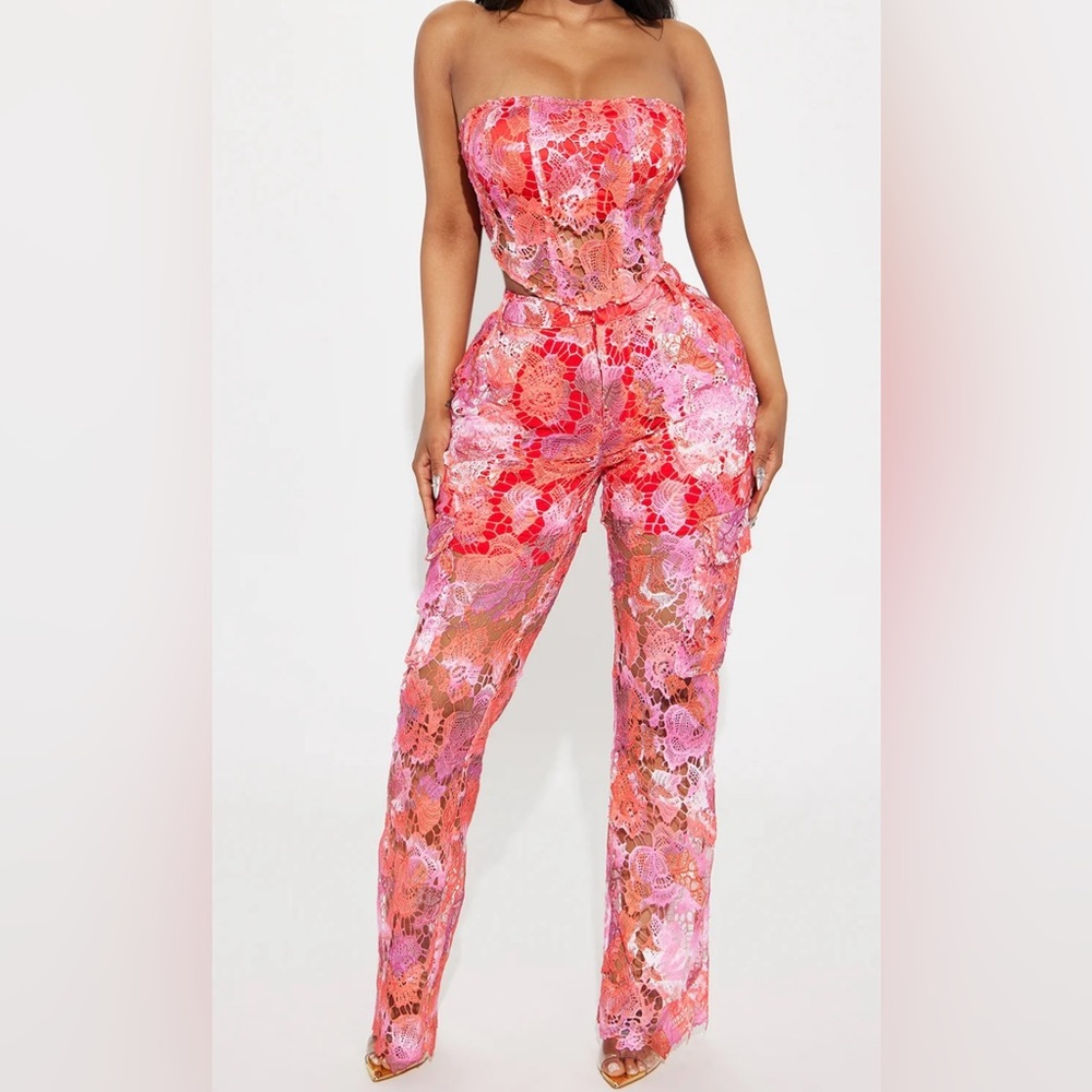 Floral Lace Strapless Jumpsuit - Pink and Red